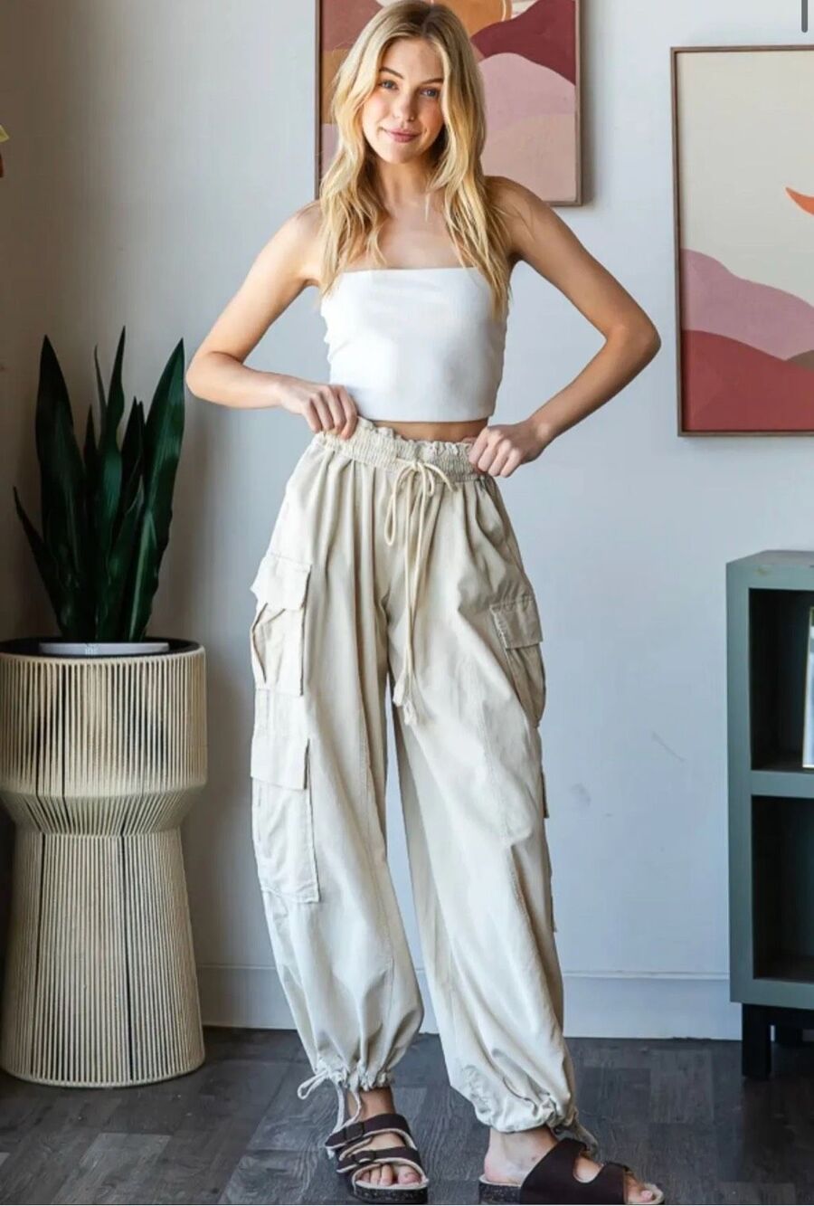 Oli & Hali Drawstring Waist Corduroy Cargo Pants Beige Size L